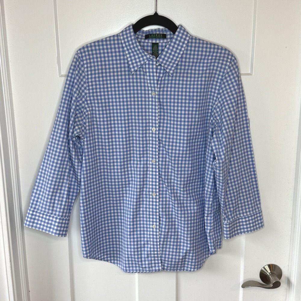 Lauren Ralph Lauren Blue Gingham Cotton Button Down Shirt 3/4 Sleeve Womens L